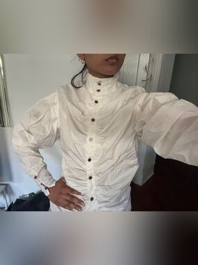 Cream High-Collar Puff Sleeved Button-Up Women's Shirt